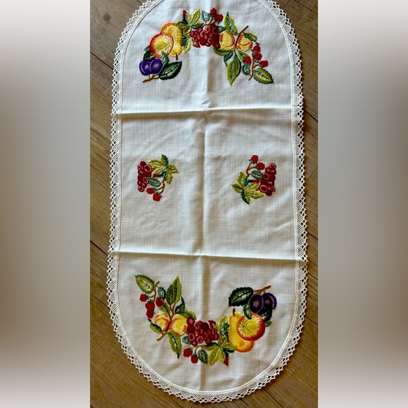 Vintage Hand Embroidered Table Runner Germany 35” × 16” Beige Multicolor Fruit - Picture 1 of 8